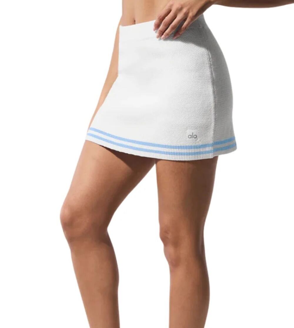 Alo Yoga Women's Sz M Tennis Club Sweater Knit Skirt White Seashell Blue